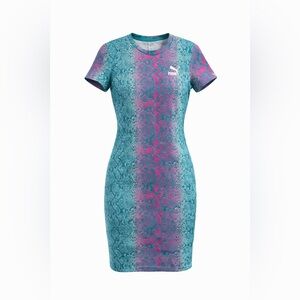 Puma Snake Print Bodycon Dress Teal Pink Athletic Mini S